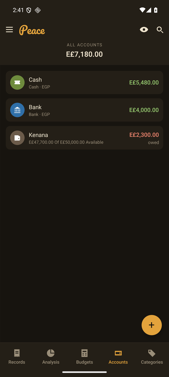 Accounts with cash, bank and a credit card