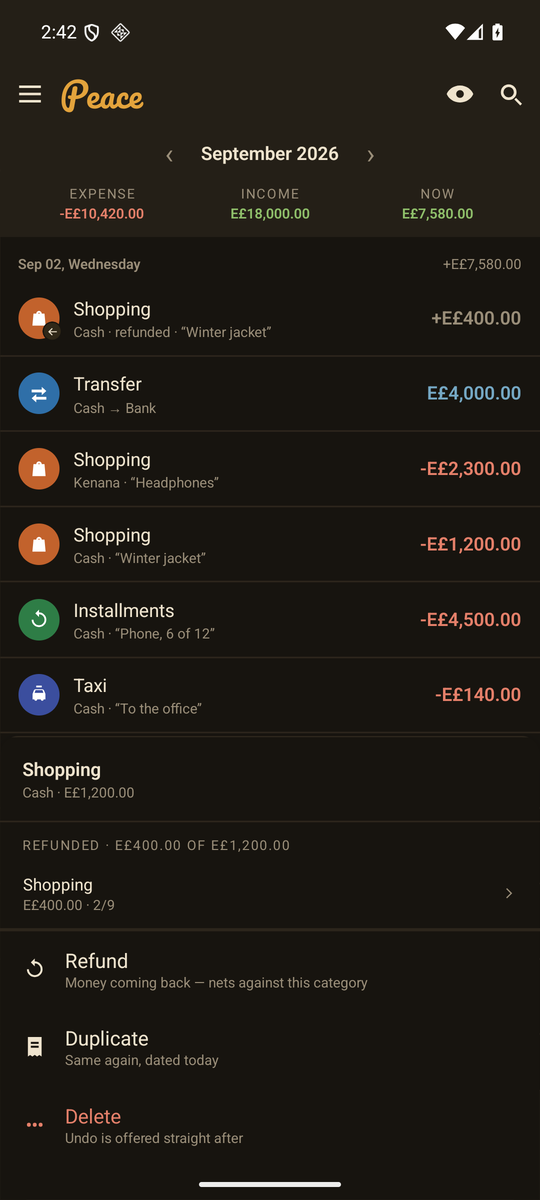 A long press on a purchase showing its refund and the record actions