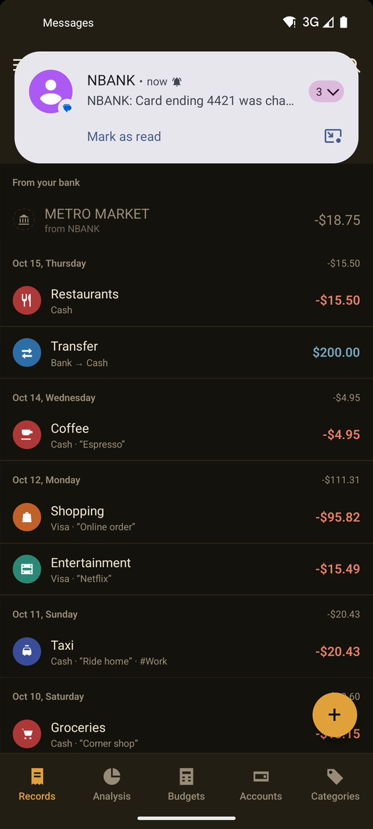 A bank's text message notification arriving, and beneath it at the top of Records a waiting record: Metro Market, $18.75, from the bank