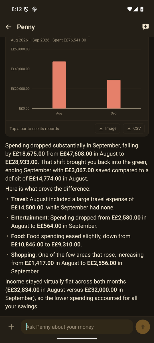 Penny comparing two months with a bar chart and a written answer