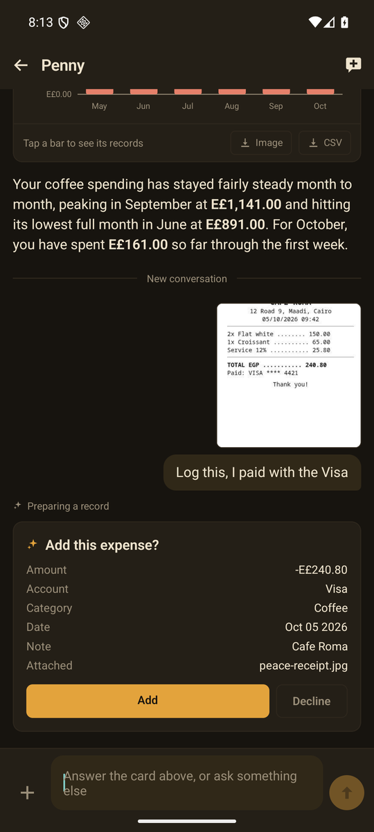 A photographed café receipt turned into a proposed record with Add and Decline buttons