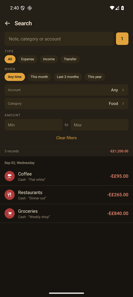 Search filtered to one category with a total