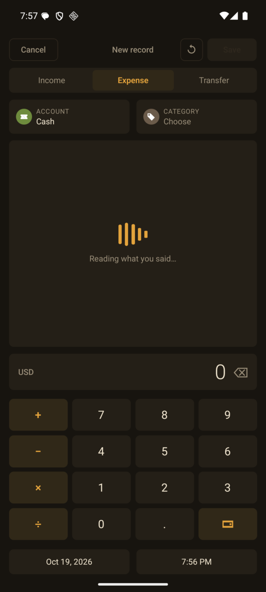 The record screen listening: the note field has become a microphone with a check button, a running timer and the line Say it your way