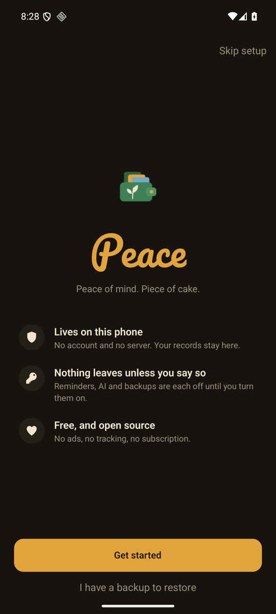 The welcome screen: the Peace wordmark, the line Peace of mind, piece of cake, three promises about privacy, and a Get started button