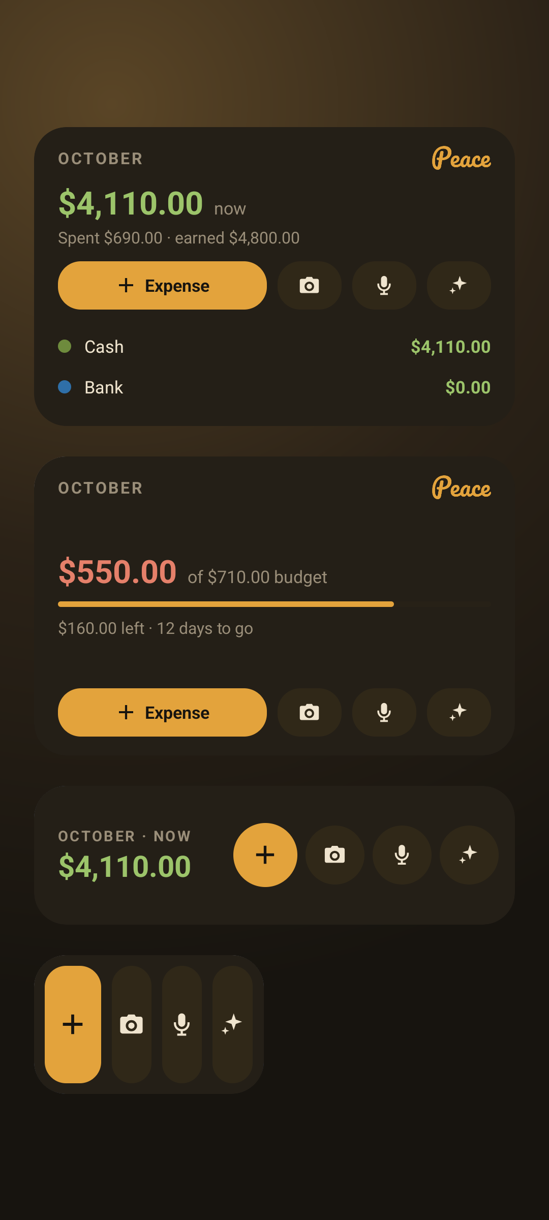 A home screen with Peace's widgets: the balance with accounts, the month's budget, the balance on one row, and the quick-add buttons